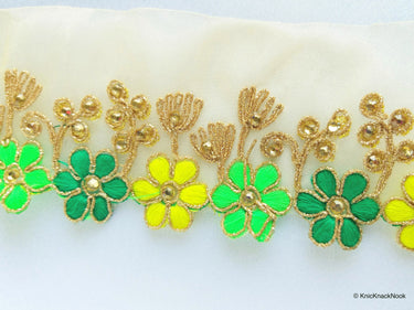 Gold Sheer Tissue Fabric Trim With Embroidered Green & Gold Flowers, Embellished With Beads, Approx. 65 mm Wide - 210119L105